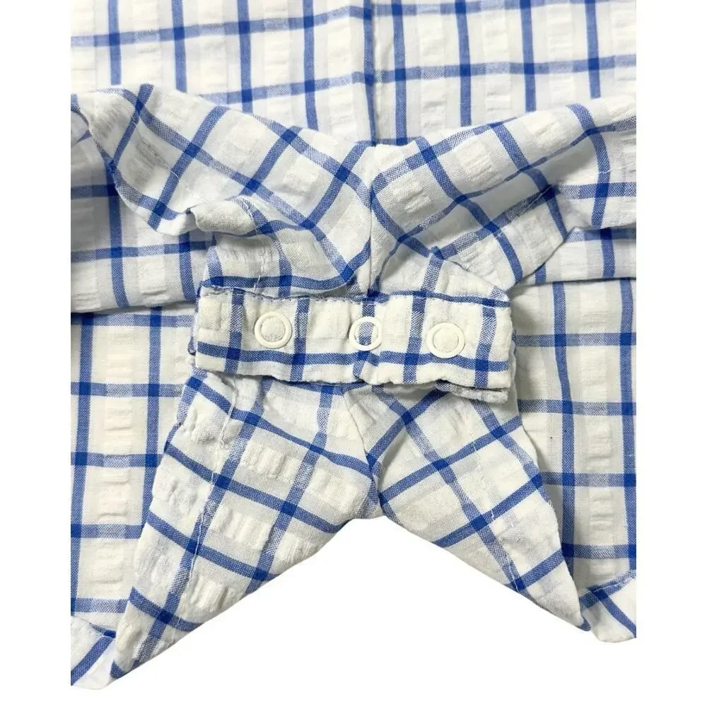 Vintage Baby Boy Romper 18M Blue White Plaid Seersucker Toy Appliqué Shortall
